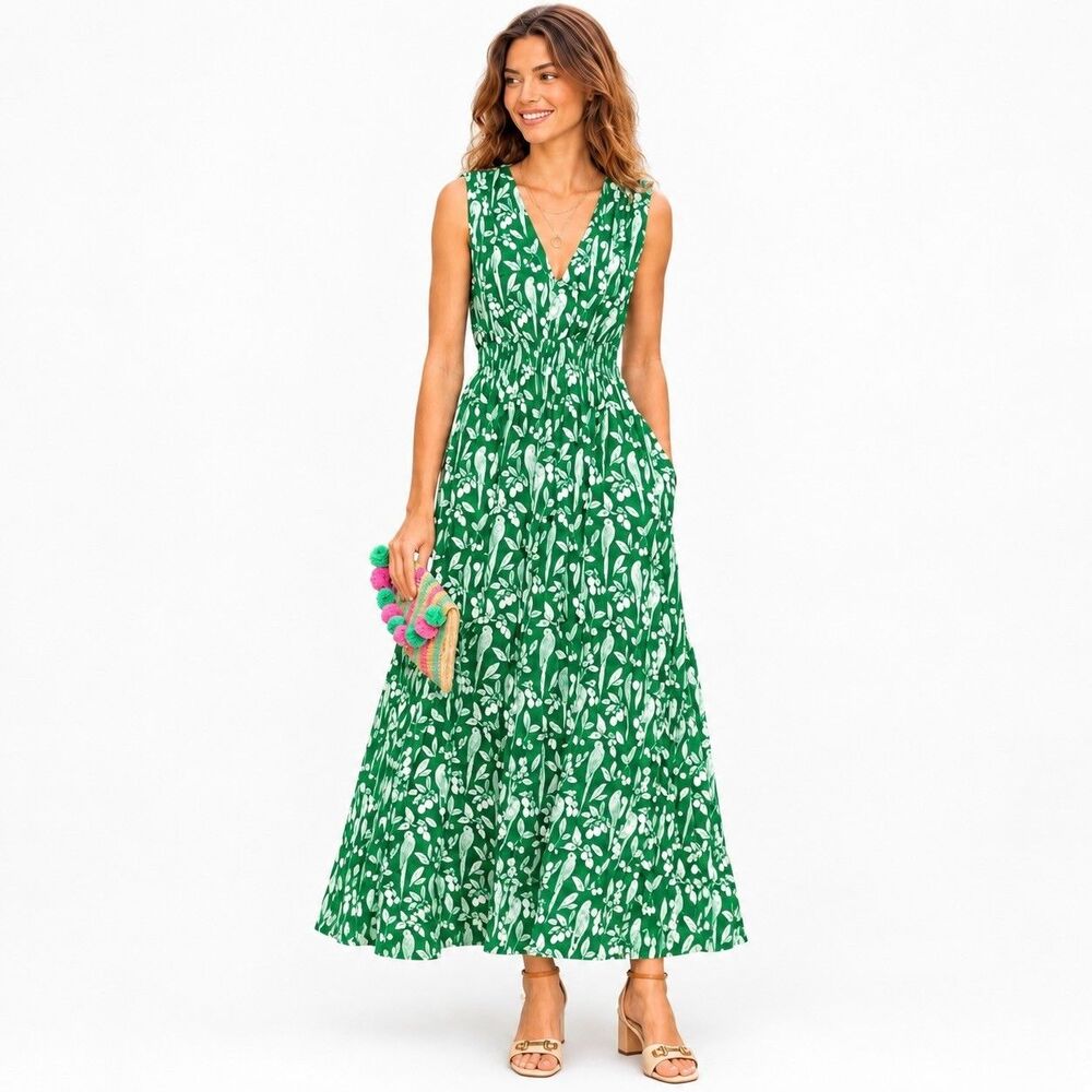 Boden Paloma Jersey Maxi Dress 14L Green Parrot Bird Print Smocked Pockets